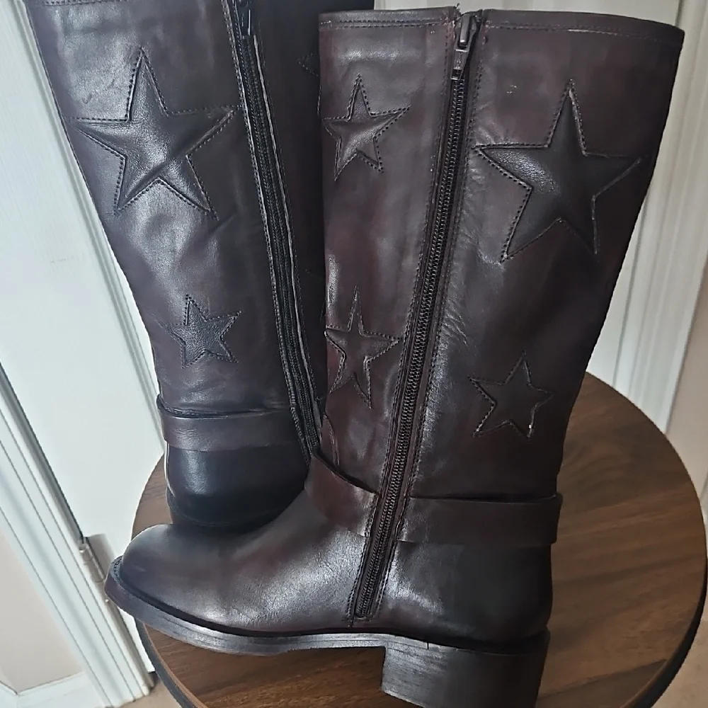 NEW! VINTAGE FOUNDRY CO Brown Leather Mathilde Star Heeled Moto Boots 7.5. - Picture 8 of 9